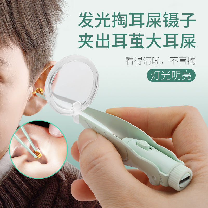 新款掏耳朵带灯可视发光耳勺套装,儿童挖耳勺,耳镊,鼻屎镊,采耳工具