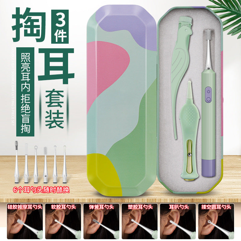 新款掏耳朵带灯可视发光耳勺套装,儿童挖耳勺,耳镊,鼻屎镊,采耳工具