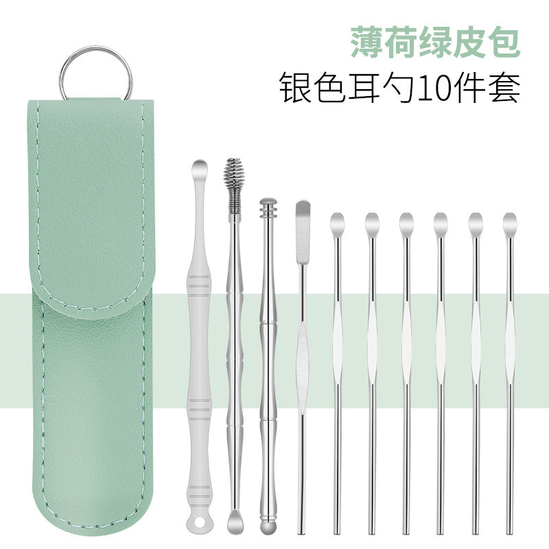 挖耳勺10件套,螺旋大人采耳工具,便携皮包掏耳朵耳扒清洁器