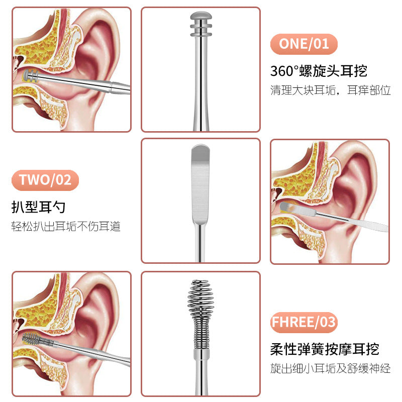 双头螺旋弹簧挖耳勺，掏耳勺，耳扒，采耳工具，不锈钢10支耳勺套装